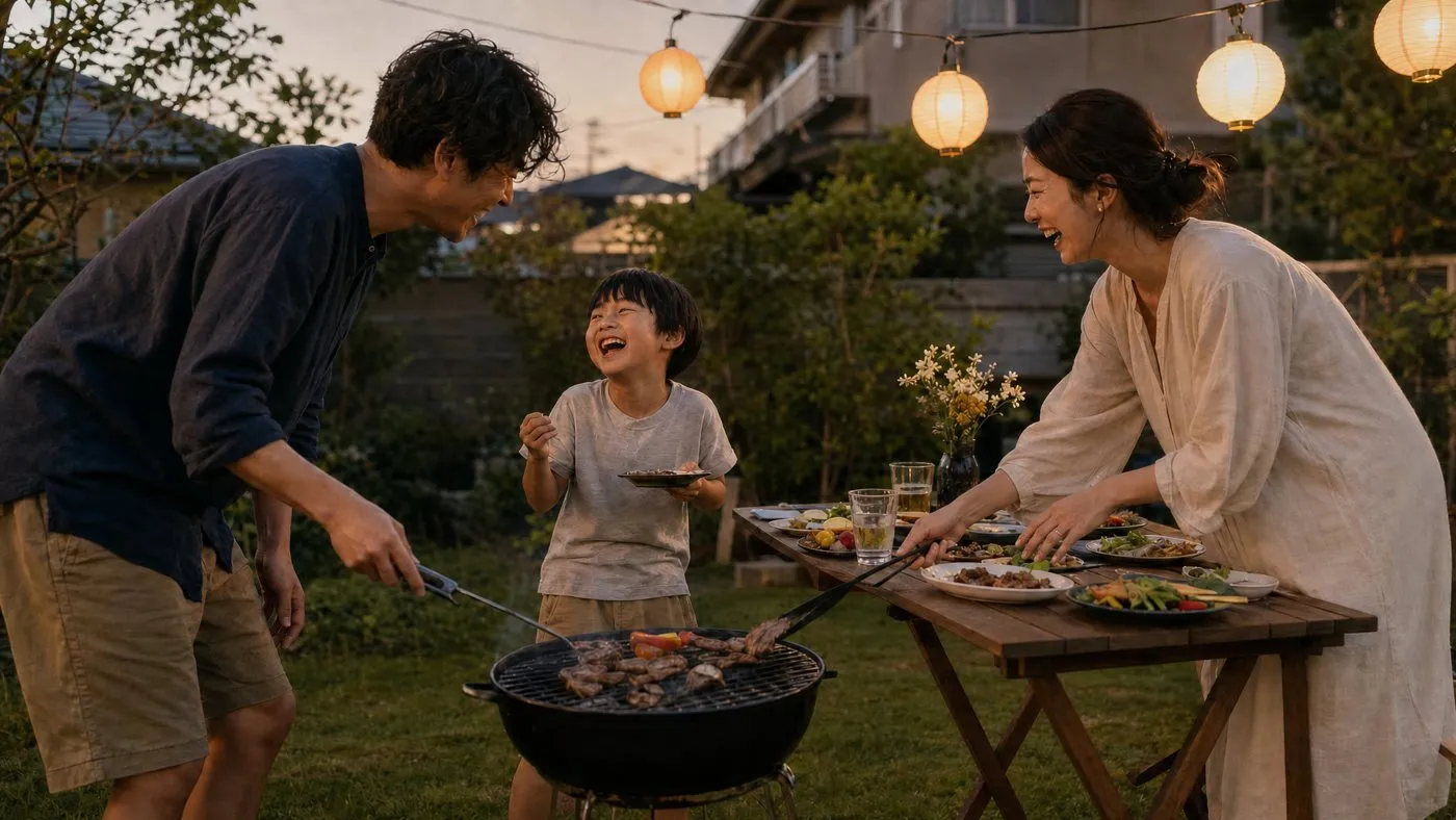 夕方の庭で食事を囲む家族（仮の写真）